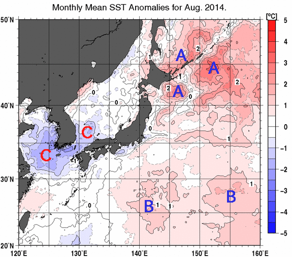 日本近海の月平均海面水温平年差分布図（2014年8月）