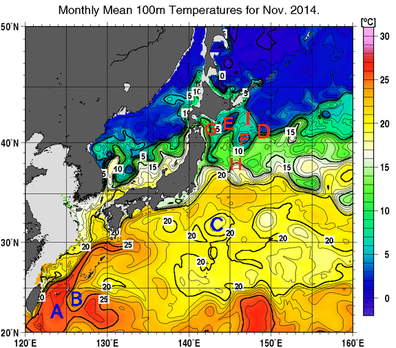 日本近海の深さ100mの月平均水温分布図（2014年11月）