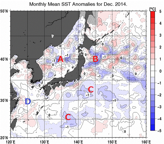 日本近海の月平均海面水温平年差分布図（2014年12月）