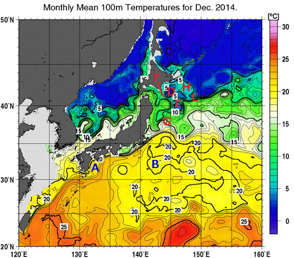 日本近海の深さ100mの月平均水温分布図（2014年12月）