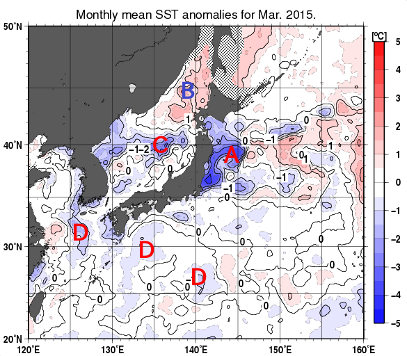 日本近海の月平均海面水温平年差分布図（2015年3月）