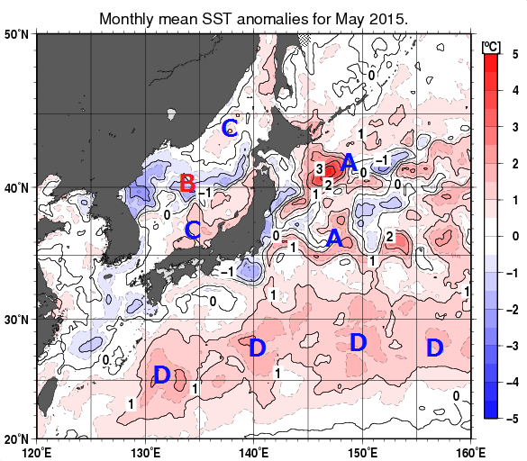 日本近海の月平均海面水温平年差分布図（2015年5月）