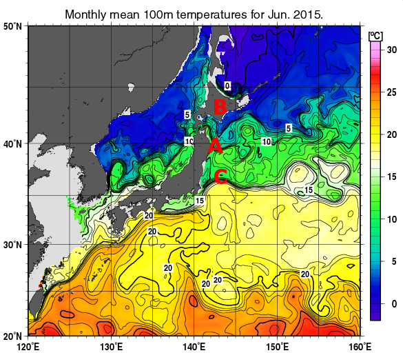 日本近海の深さ100mの月平均水温分布図（2015年6月）