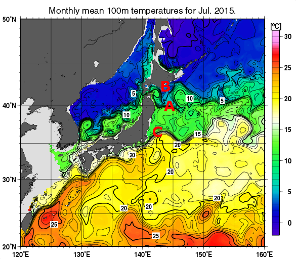 日本近海の深さ100mの月平均水温分布図（2015年7月）