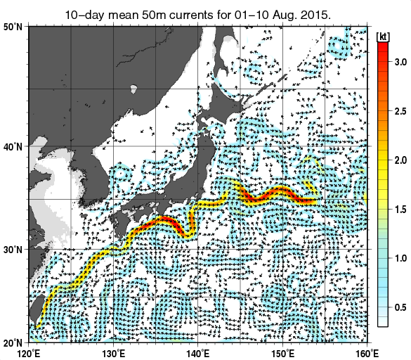 日本近海の深さ50mの旬平均海流分布図（2015年8月上旬）