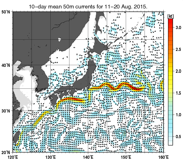 日本近海の深さ50mの旬平均海流分布図（2015年8月中旬）