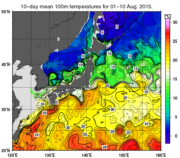 日本近海の深さ100mの旬平均水温分布図（2015年8月上旬）