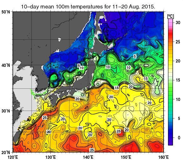 日本近海の深さ100mの旬平均水温分布図（2015年8月中旬）