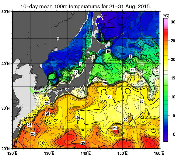 日本近海の深さ100mの旬平均水温分布図（2015年8月下旬）