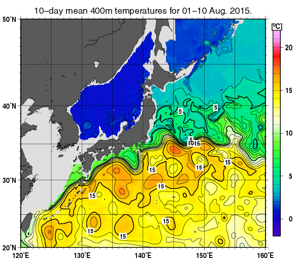 日本近海の深さ400mの旬平均水温分布図（2015年8月上旬）