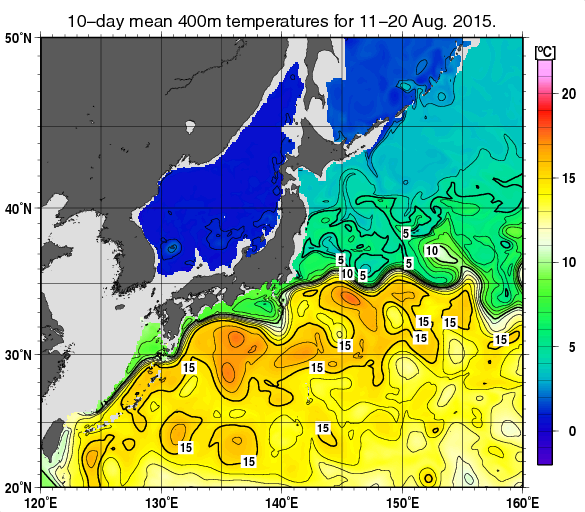 日本近海の深さ400mの旬平均水温分布図（2015年8月中旬）