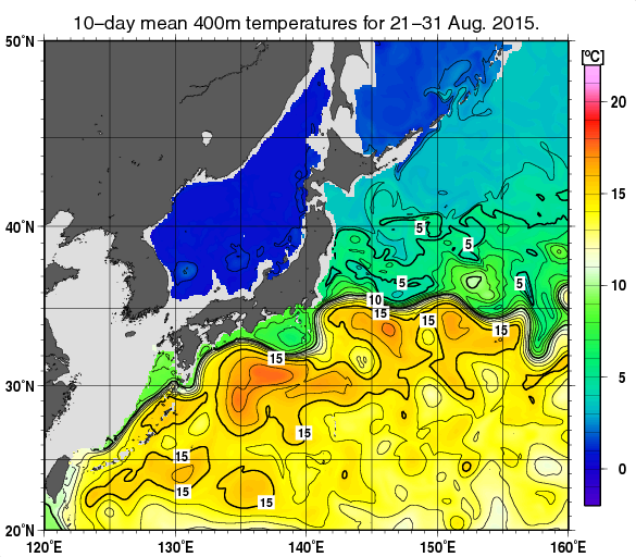 日本近海の深さ400mの旬平均水温分布図（2015年8月下旬）