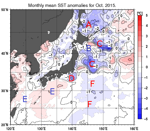 日本近海の月平均海面水温平年差分布図（2015年10月）