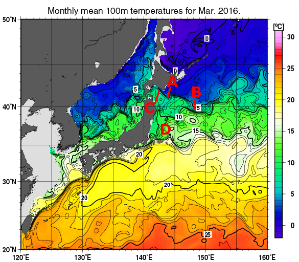 日本近海の深さ100mの月平均水温分布図（2016年3月）