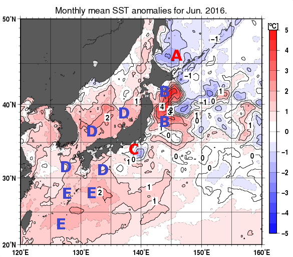 日本近海の月平均海面水温平年差分布図（2016年6月）
