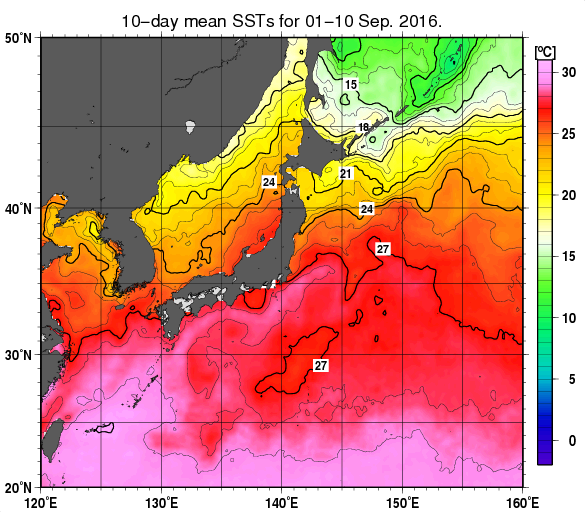 日本近海の旬平均海面水温分布図（2016年9月上旬）