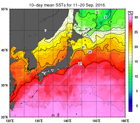 日本近海の旬平均海面水温分布図（2016年9月中旬）