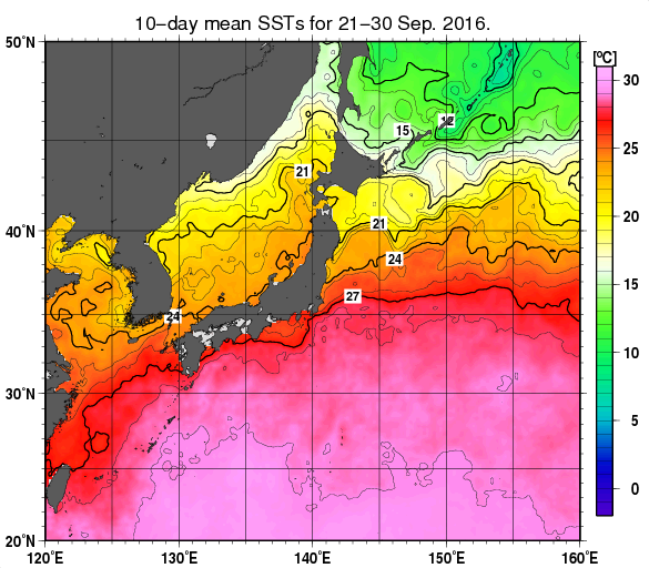 日本近海の旬平均海面水温分布図（2016年9月下旬）