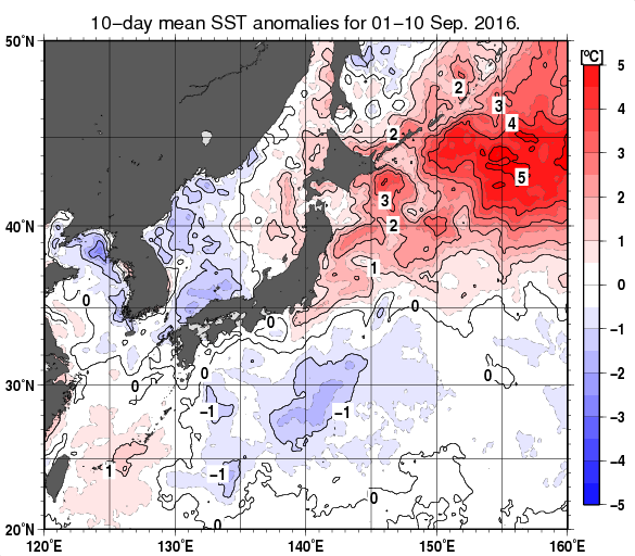 日本近海の旬平均海面水温平年差分布図（2016年9月上旬）