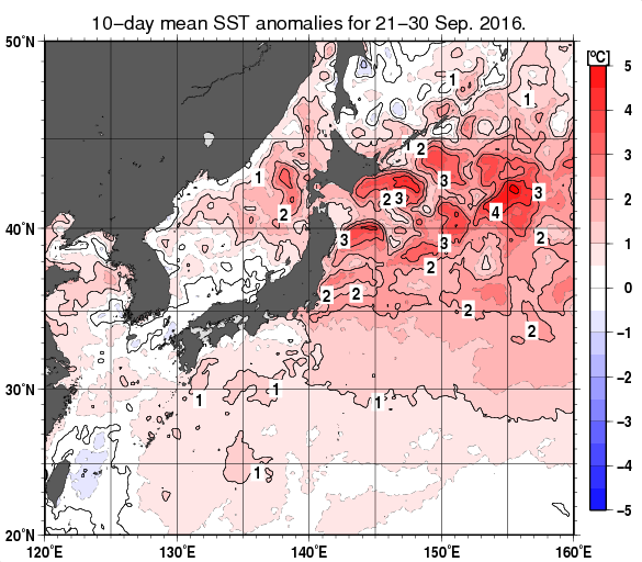 日本近海の旬平均海面水温平年差分布図（2016年9月下旬）