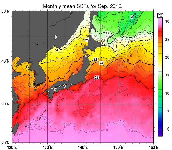 日本近海の月平均海面水温分布図（2016年9月）