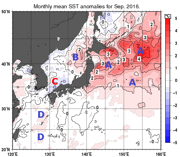 日本近海の月平均海面水温平年差分布図（2016年9月）