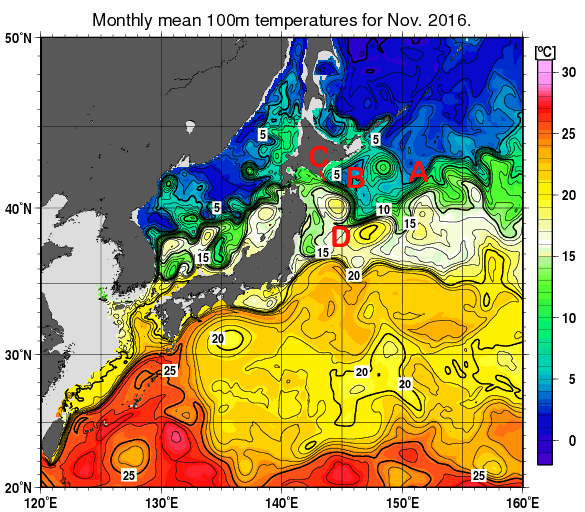 日本近海の深さ100mの月平均水温分布図（2016年11月）