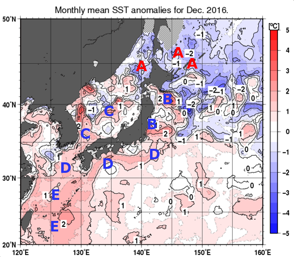日本近海の月平均海面水温平年差分布図（2016年12月）