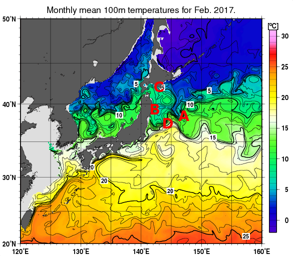 日本近海の深さ100mの月平均水温分布図（2017年2月）