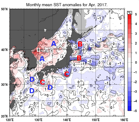 日本近海の月平均海面水温平年差分布図（2017年4月）