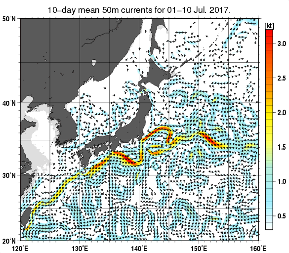 日本近海の深さ50mの旬平均海流分布図（2017年7月上旬）