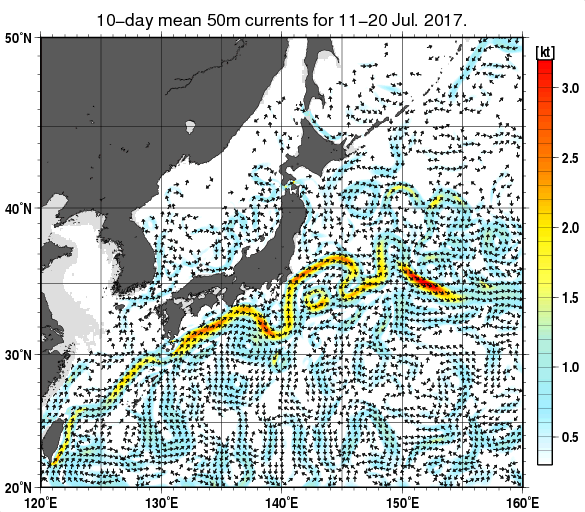日本近海の深さ50mの旬平均海流分布図（2017年7月中旬）