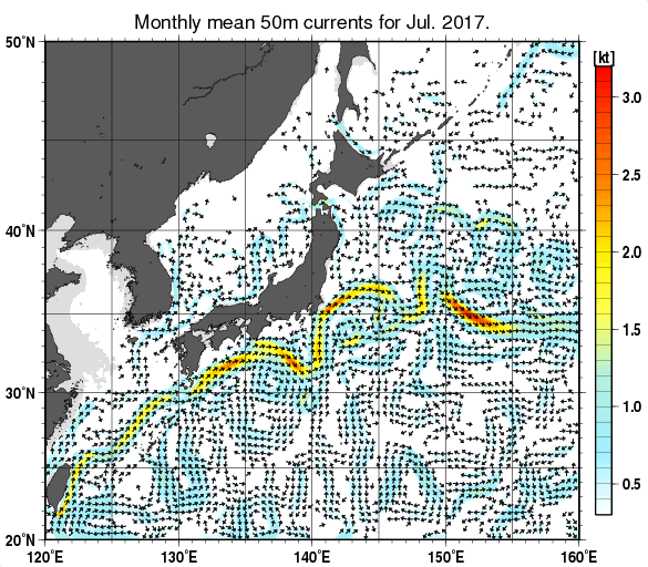 日本近海の深さ50mの月平均海流分布図（2017年7月）