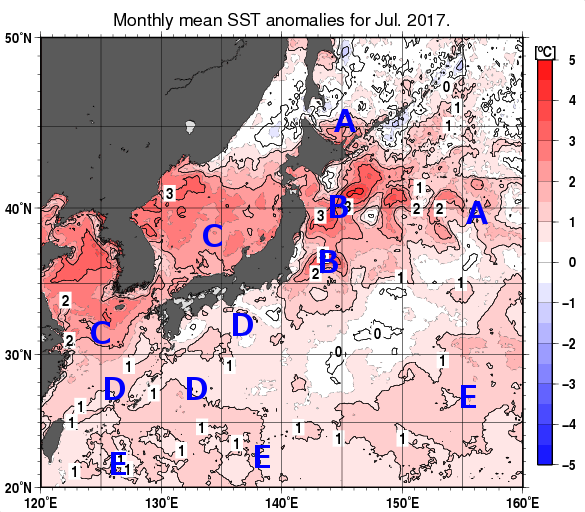 日本近海の月平均海面水温平年差分布図（2017年7月）