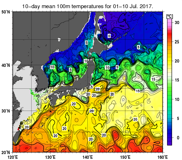 日本近海の深さ100mの旬平均水温分布図（2017年7月上旬）