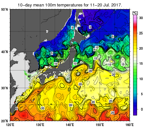 日本近海の深さ100mの旬平均水温分布図（2017年7月中旬）
