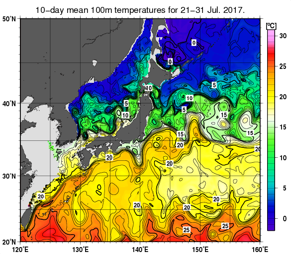 日本近海の深さ100mの旬平均水温分布図（2017年7月下旬）