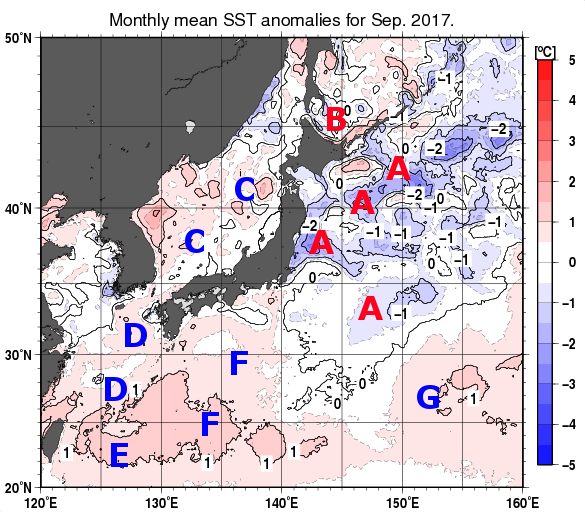 日本近海の月平均海面水温平年差分布図（2017年9月）