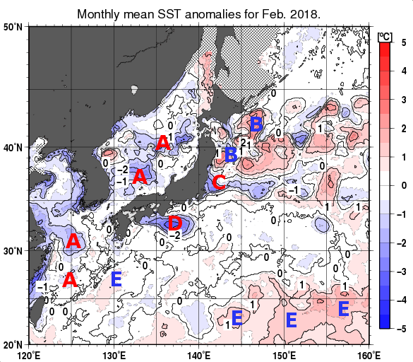日本近海の月平均海面水温平年差分布図（2018年2月）