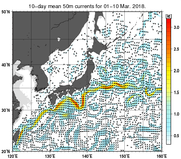 日本近海の深さ50mの旬平均海流分布図（2018年3月上旬）