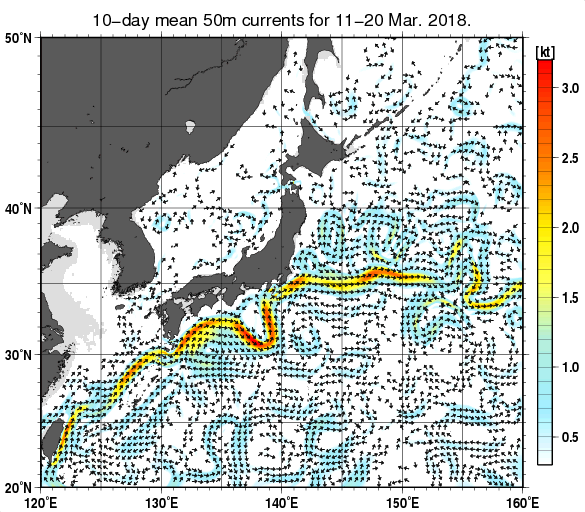 日本近海の深さ50mの旬平均海流分布図（2018年3月中旬）