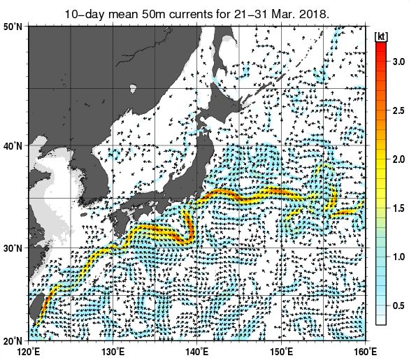 日本近海の深さ50mの旬平均海流分布図（2018年3月下旬）