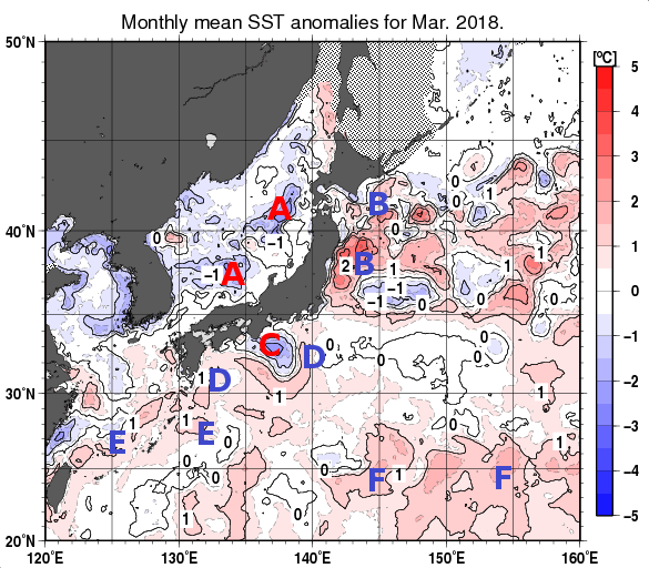 日本近海の月平均海面水温平年差分布図（2018年3月）