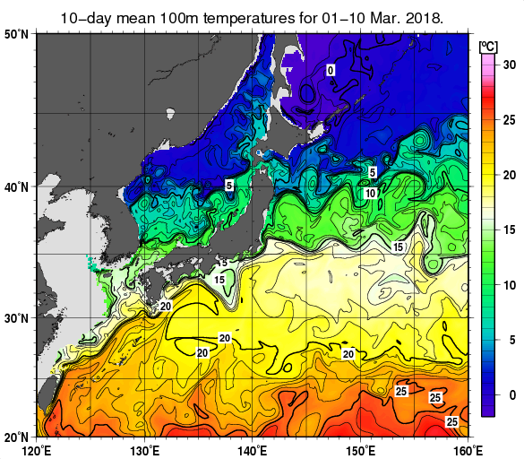 日本近海の深さ100mの旬平均水温分布図（2018年3月上旬）