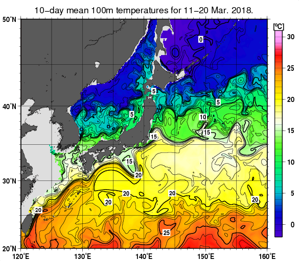 日本近海の深さ100mの旬平均水温分布図（2018年3月中旬）
