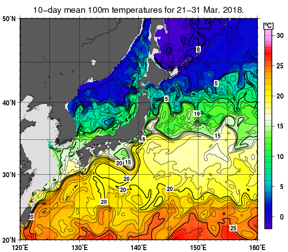 日本近海の深さ100mの旬平均水温分布図（2018年3月下旬）
