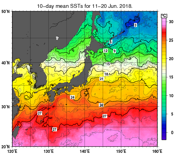 日本近海の旬平均海面水温分布図（2018年6月中旬）