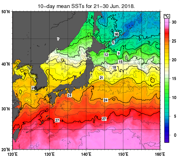 日本近海の旬平均海面水温分布図（2018年6月下旬）