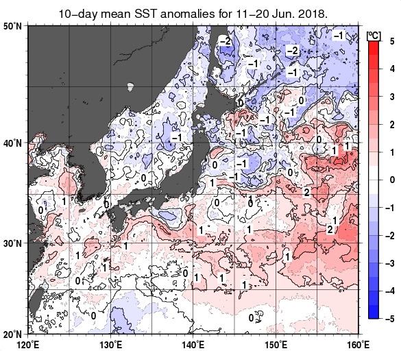日本近海の旬平均海面水温平年差分布図（2018年6月中旬）