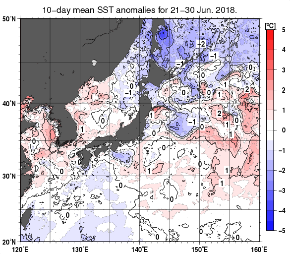 日本近海の旬平均海面水温平年差分布図（2018年6月下旬）